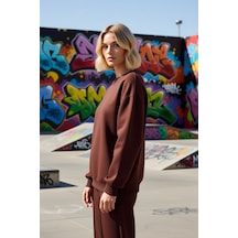 Benerly Kadın Bisiklet Yaka Düşük Kol Oversize Kalın Örme Sweatshirt Fonk Koyu Kahverengi