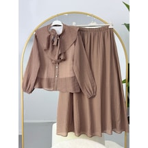Lovie Moda Mira Yakası Bağlamalı Etekli Takım Kahverengi