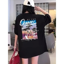 Kadın Kısa Kol Yazlık Tişört Bisiklet Yaka Okyanus Baskılı T-shirt - Siyah