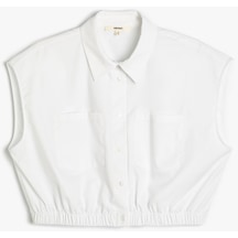 Koton Crop Gömlek Kolsuz Beli Lastikli Cepli Düğmeli Beyaz 4sak60467pw Beyaz