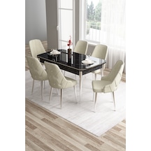 Canisa Tia Serisi 80x132 Açılabilir Mdf Siyah Mermer Desen Krom Detay Yemek Odası Takımı Ve 6 Krem Sandalye Masa Siyah Mermer Desen Sandalye Krem