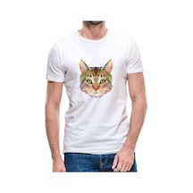 Polygonal Head Cat Kedi Baskılı Beyaz Erkek Tshirt