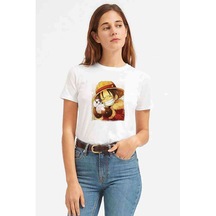 Anime One Piece Luffy Straw Hat Baskılı Beyaz Kadın Tshirt