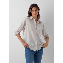 Mavi Bordo Çizgili Gömlek Loose Fit / Bol Rahat Kesim 1211201-87982 Ekru