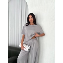 İkales Osy Modal Yumuşak Dokulu Kumaş Bisiklet Yaka T-shirt Bol Paça Pantalon Ikili Takım - Boyalı Gri