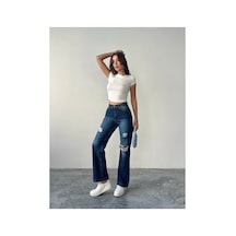 Blue Marlin Kadın Lazer Yırtık İşlemli Boyfriend Kot Bol Paça Pantolon Lacivert
