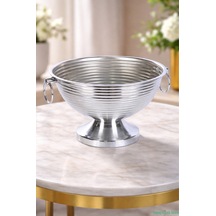 Yapay Çiçek Sitesi Metal Çizgili Küpeli Vazo 17 Cm Gümüş