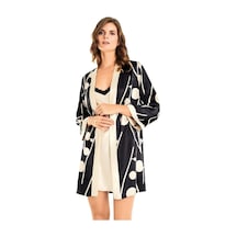 Ang Butik Kadın Özel Tasarım Desenli Sabahlıklı Kısa İkili Saten Takım ekru