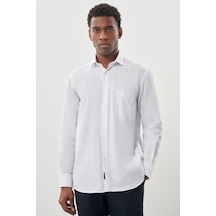 İmza Beyaz Uzun Kol Çizgili Desen Gabardin Yarım İtalyan Yaka Cepli Pamuklu Classic Comfort Fit Gömlek 1004245185 Beyaz
