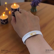 Archin İkizler Burçları İçin Doğal Beyaz Derili Kalp Figürlü 14 Ayar Altın Plakalı Hediye Bileklik-561burç İkizler