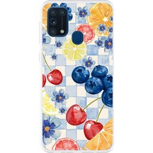 Samsung Galaxy M31 Uyumlu Sulu Boya Meyve Ve Çiçek Desenli Baskılı Silikon Kılıf Renkli
