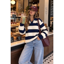 Nilza New York Kadın Bordo Çizgili Oversize Polo Yaka Triko Kazak Lacivert