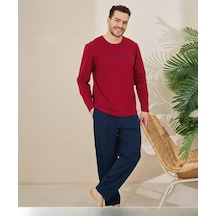 Pijamoni Erkek Pamuklu Bisiklet Yaka Uzun Kol İnce Pijama Takımı 6150/13 - 1 Adet Kırmızı
