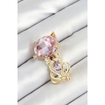 Mey İthalat Pembe Zirkon Taşlı Kap Detaylı Kedi Figürlü Gold Renk Kadın Broş