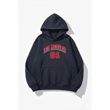 Uyguntarz Unisex Yumuşak Dokulu Los Angeles 91 Baskılı Tasarım Oversize 3 İplik Hoodie Sweatshirt Indigo