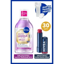 Skin Glow Parlaklık Etki Micellar Makyaj Temizleme Suyu Ve Kırmızı Renkli Dudak Bakım Kremi, Pamuk