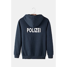 Unisex İndigo Kapüşonlu Arkası Polizei Baskılı Slim Fit Kanguru Cepli Sweatshirt Indigo