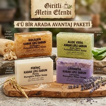 Giritli Metin Efendi Doğal Kabak Lifli Sabun Seti - 4'lü Avantaj Paketi Kolajen, Aloe Vera, Pirinç, Lavanta Aloe Vera - Eşek Sütü