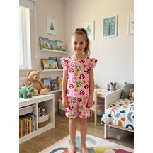 Aliş Kids Kız Çocuk Pamuklu Pembe Mantar Desenli Kısa Kollu Kolları Fırfırlı Şortlu Yazlık Pijama Takımı