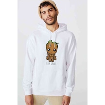I Am Groot Baskılı Beyaz Erkek Örme Kapşonlu Sweatshirt (531036994)
