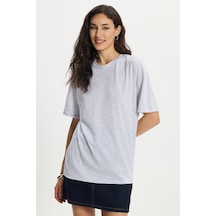 Tudors Kadın Slim Fit Dar Kesim Pamuk Kısa Kollu Bisiklet Yaka Açık Gri Tişört-50383 L