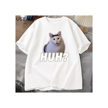 Huh Kedi Meme T Shirt Komik Sevimli Kedi Grafik T Shirt Unisex Moda T-shirt Yaz Çiftler Rahat 2798 Beyaz