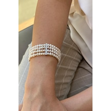 Zirkon Taşlı Doğal İnci 5 Mm 4 Sıra Bileklik 20 Cm / Beyaz Gümüş