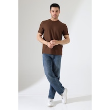 Erkek Fitilli Slim Fit Bisiklet Yaka Düz Renk T-shirt Kahverengi
