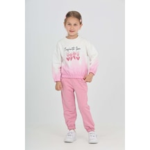 Toontoy Kids Toontoy Kız Çocuk 2'li Takım Baskılı Bisiklet Yaka Sweatshirt & Beli Paçası Lastikli Cepli Jogger Eşofman Altı - Renk Bloklu & 2 İplik Gül Kurusu