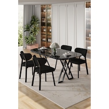 Canisa Axton Serisi Sabit Mdf 90x168 Siyah Mermer Desen Mutfak Masa Takımı 4 Siyah Sandalye Siyah Sandalye Siyah Mermer Masa