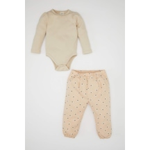 DeFacto Kız Bebek 2'li Takım Twill Baskılı Uzun Kollu Çıtçıtlı Body Beli Lastikli Desenli Alt D4116A524WNER68 Ekru