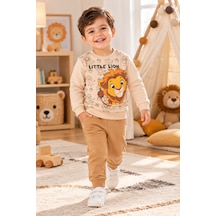 Tucankids Erkek Çocuk Aslan Baskılı İkili Eşofman Takımı Sweatshirt Eşofman Bej - Kahverengi