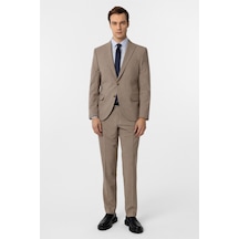 Süvari Sütlü Kahve Slim Fit Desenli Sivri Yaka 6 Drop Klasik Takım Elbise