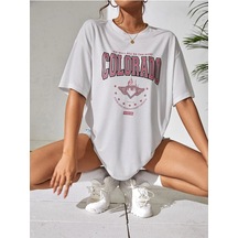 Beyaz Oversize Pembe Colorado Baskılı T-shirt - Oversize Baskılı Beyaz