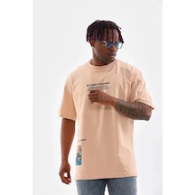 Yake Store Unisex Bisiklet Yaka Baskılı Oversize T-shirt - Bej - Bej