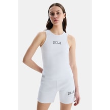 Ucla Salınas Beyaz Sıfır Kol Nakışlı Standard Fit Kadın Tshirt Beyaz