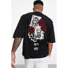 Card T-shirt - Siyah Baskılı Oversize Bisiklet Yaka Kısa Kol Tişört Siyah