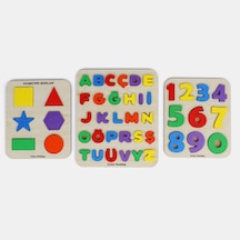 Ahşap Eğitici Puzzle Seti Türkçe Alfabe + Sayılar + Geometrik Şekiller 3lü Set Montessori Öğretici Set 1 Adet