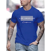 Los Angeles Tasarım T-shirt - Sax Mavi Baskılı Oversize Bisiklet Yaka Kısa Kol Tişört Lacivert