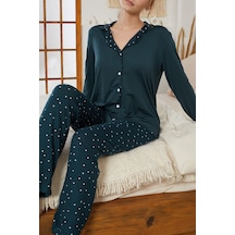 Siyah İnci Gömlek Yaka Düğmeli Milan Örme Pijama Takım25224003 Petrol