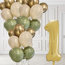 1 Yaş Retro Küf Yeşili Krom Gold Kum Beji Balon Seti Gold Rakam Doğum Günü Balonu Şık Parti Süsleme Çok Renkli