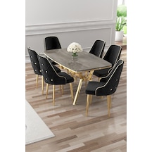 Canisa Asel Serisi 90x160 Lak Panel Antrasit İroni Gold Kaplama Ayaklı Masa Takımı Ve 6 Siyah Sandalye Antrasit İroni Masa Siyah Sandalye Ayaklar Gold