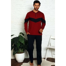 Alimer Bordo O Yaka Patlı Düğmeli Likralı Erkek Pijama Takım EDY1182UK-B Bordo