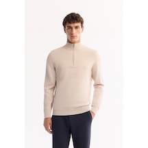 Avva Erkek Bej Dik Yaka Fermuarlı Rayon Tüylenmeyen Triko Regular Fit Kazak A52y5021