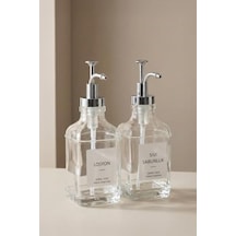2 Li Cam Sıvı Sabun Ve Losyon Etiketli Gümüş Tıpalı Deterjan Şişesi Sabunluk 500 Ml - 2112020-s C1-1-289 000 Açık Krem