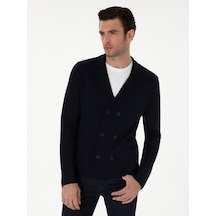 Cacharel Lacivert Slim Fit Yün Karışımlı Kruvaze Triko Hırka