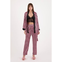 Burcumay Kadın Üçlü Çizgili Sabahlıklı Pembe Saten Pijama Takımı Pembe