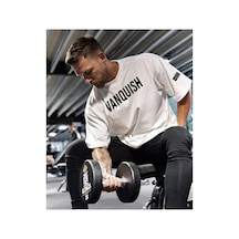 Tarzsokak Yuvarlak Yaka Vanquısh Baskılı %100 Pamuk Oversize Yeni Stil Gym Erkek T-shırt Beyaz