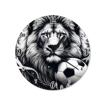 Siyah Beyaz Aslan Ve Futbol Topu Baskılı Duvar Saati Beyaz - Siyah