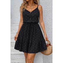 Defymoda Kadın Ip Askılı V Yakalı Düğmeli Desenli Kısa Süprem Elbise Siyah